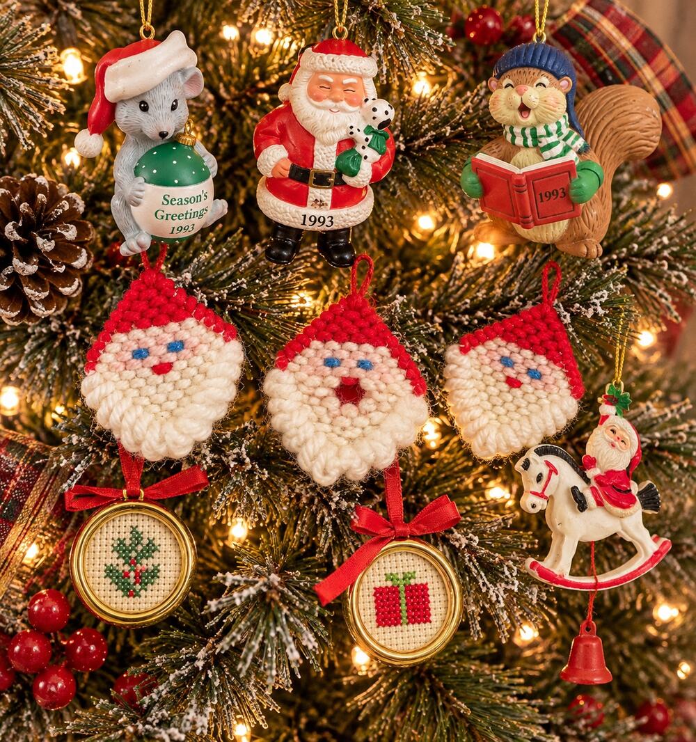 Mixed Vintage Christmas Ornaments Handmade Santa Pin Cross Stitch 1993 Holiday